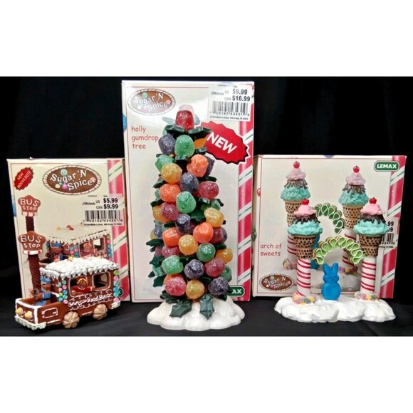 Vintage Christmas Village Accessory With Box Set Of 3 Sugar 'N Spice Lemax 2000s - Picture 1 of 14